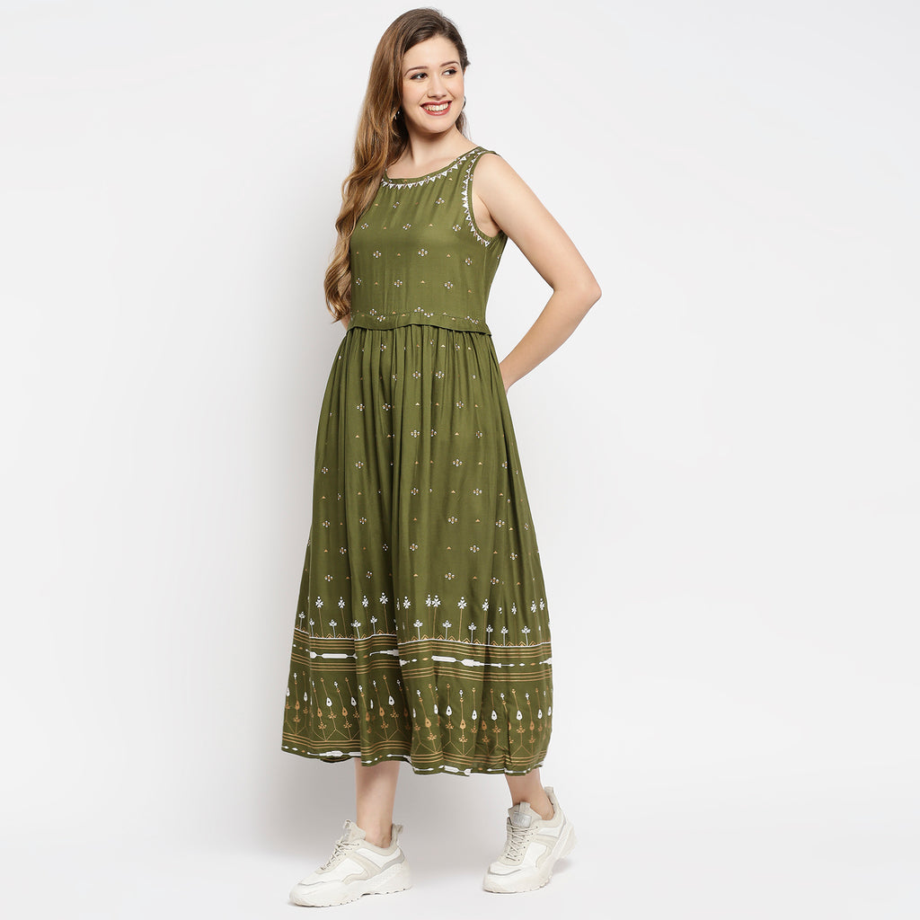 Women's Olive Rayon Embroidered Dress