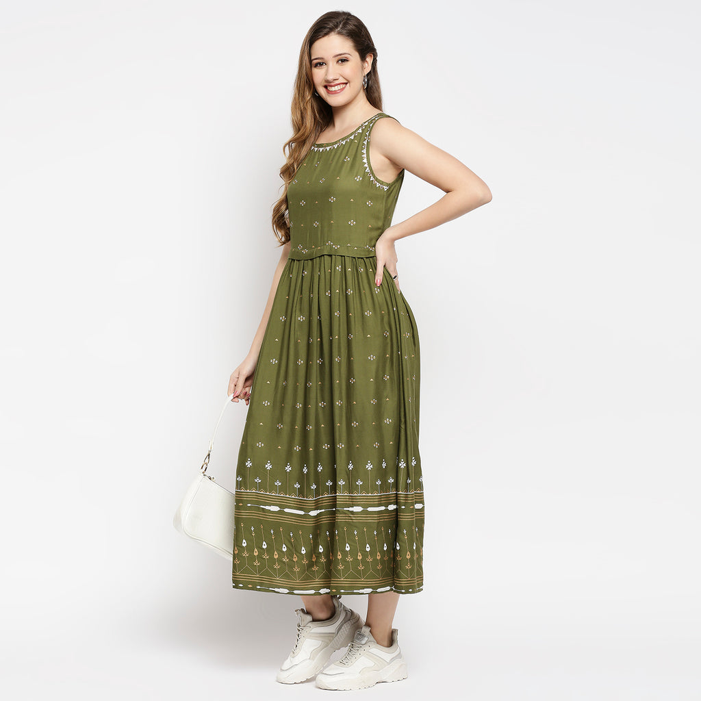 Women's Olive Rayon Embroidered Dress