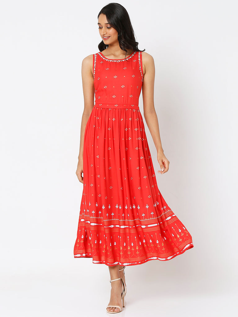 Women's Red Rayon Embroidered Dress