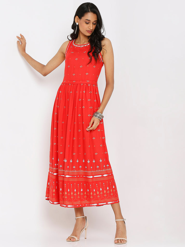 Women's Red Rayon Embroidered Dress