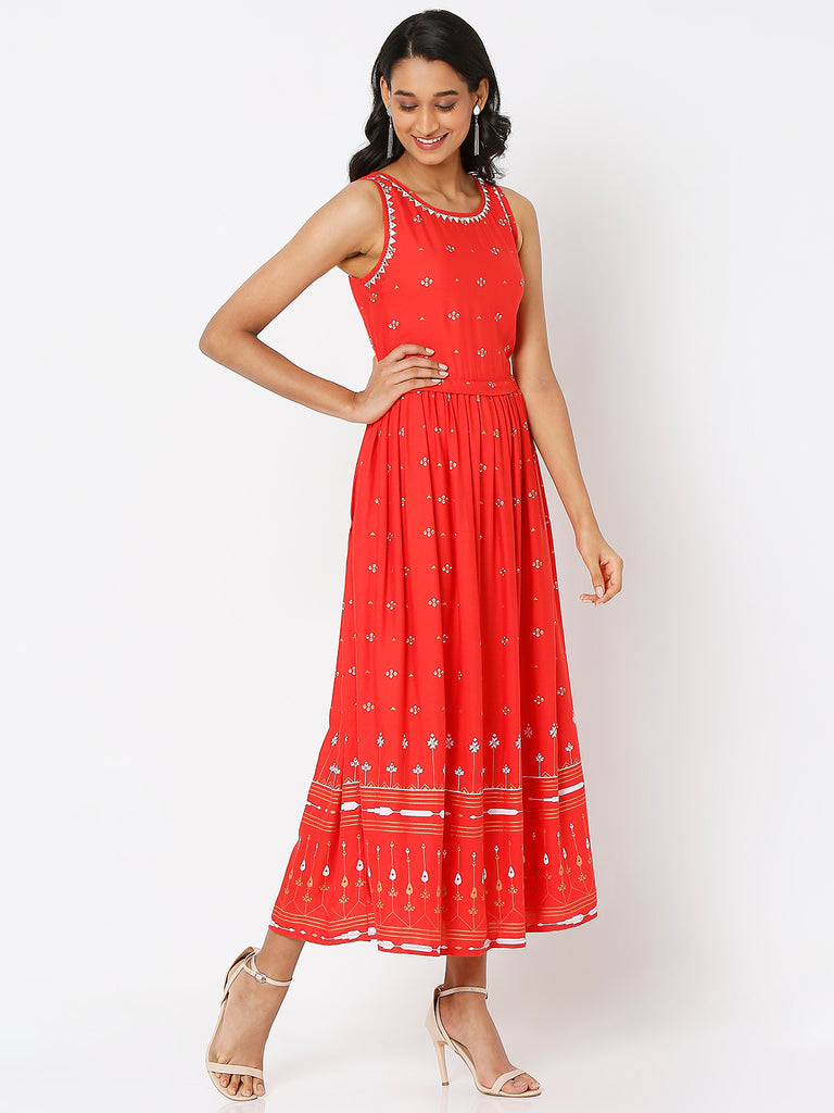 Women's Red Rayon Embroidered Dress