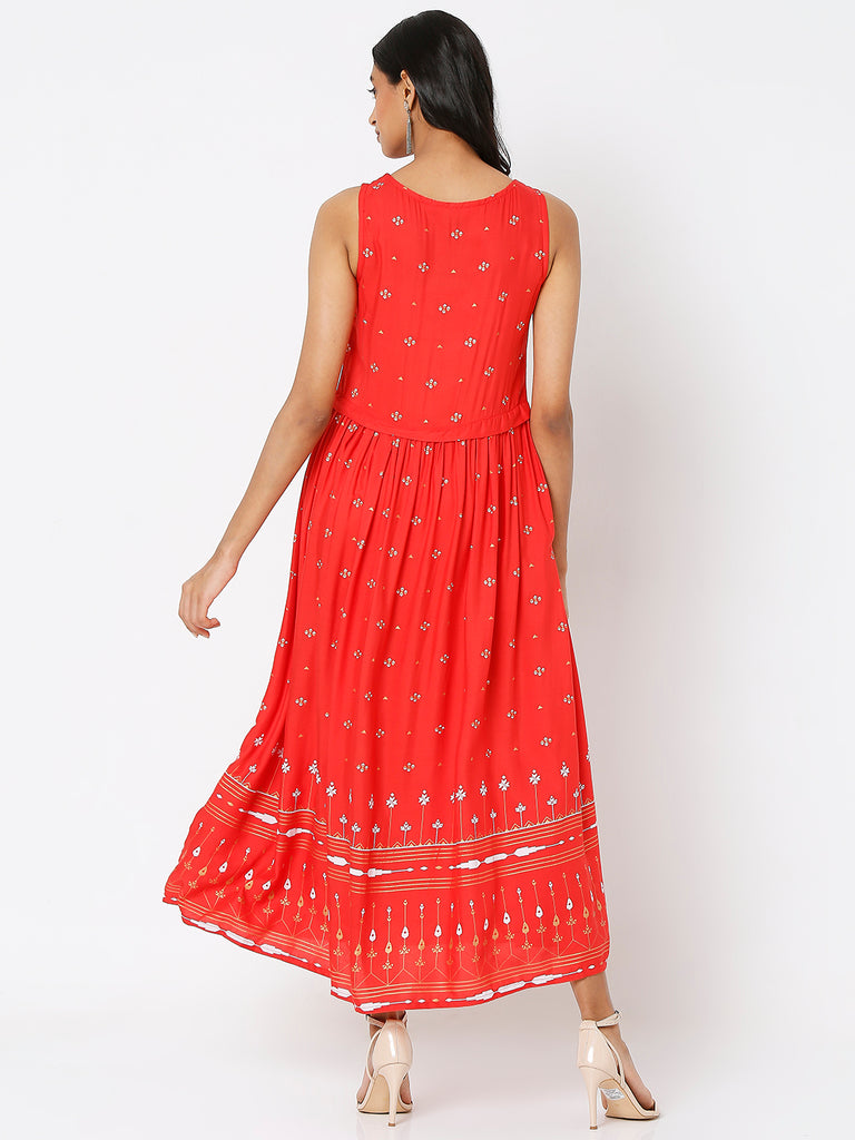 Women's Red Rayon Embroidered Dress