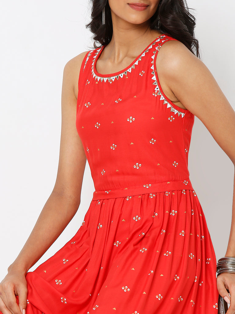 Women's Red Rayon Embroidered Dress