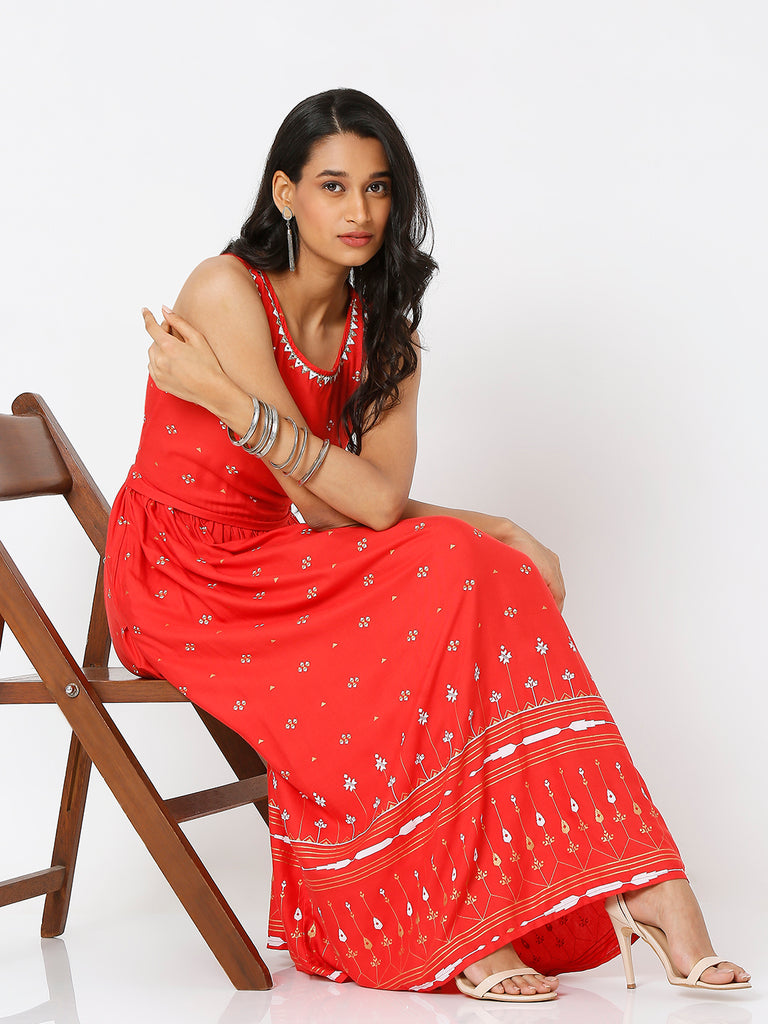 Women's Red Rayon Embroidered Dress