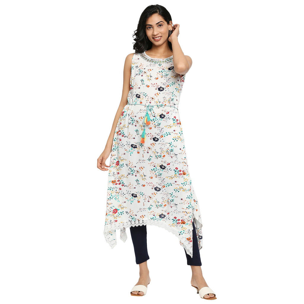 Women's Off White Viscose Crepe Floral Kurta