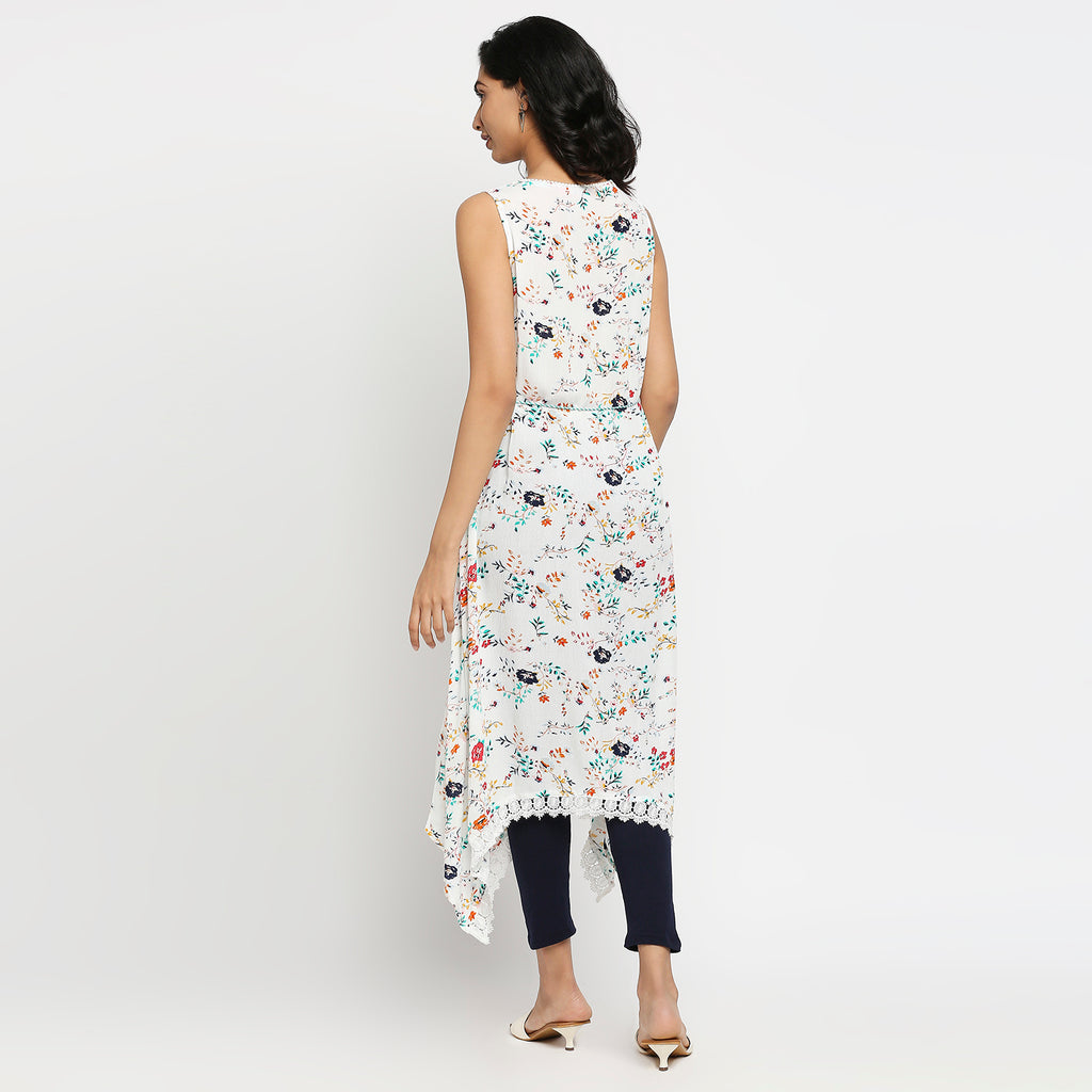 Women's Off White Viscose Crepe Floral Kurta