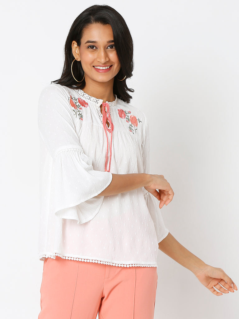 Women's Off White Viscose Crepe Embroidered Top
