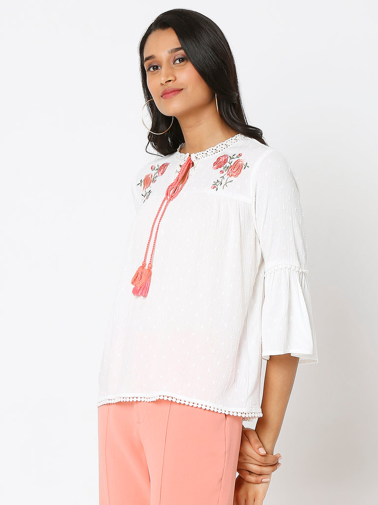 Women's Off White Viscose Crepe Embroidered Top