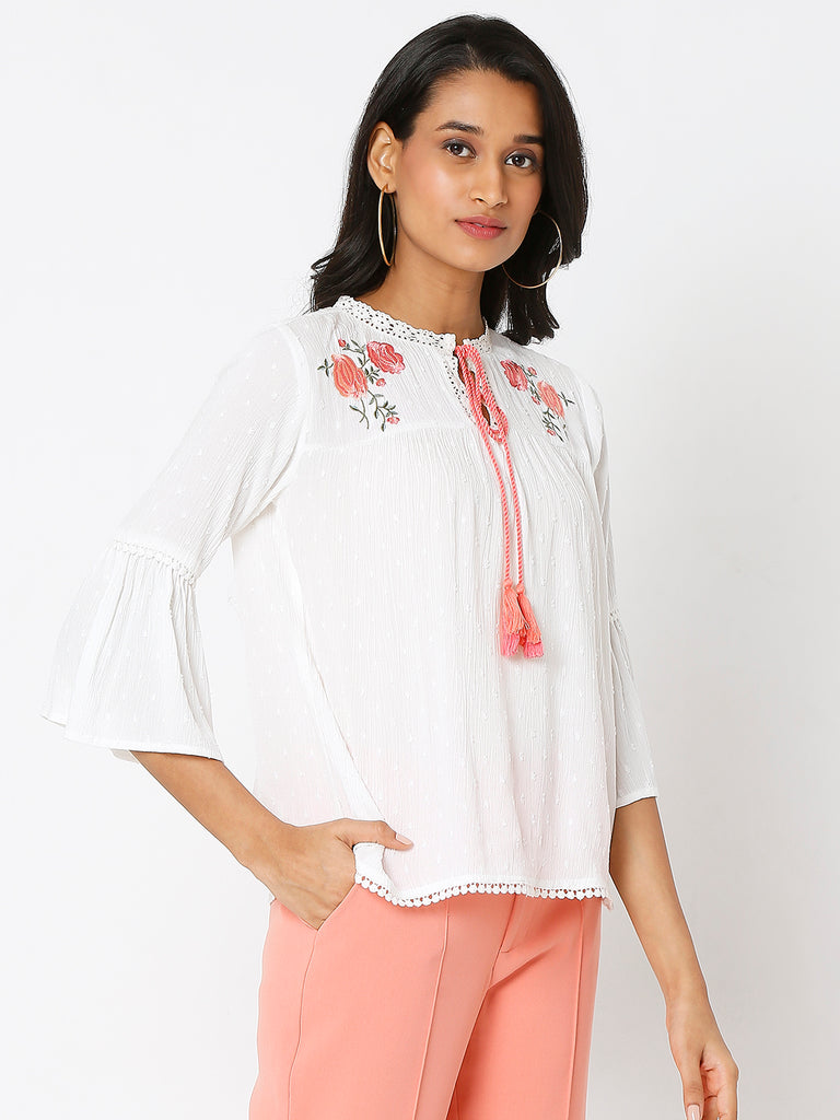 Women's Off White Viscose Crepe Embroidered Top