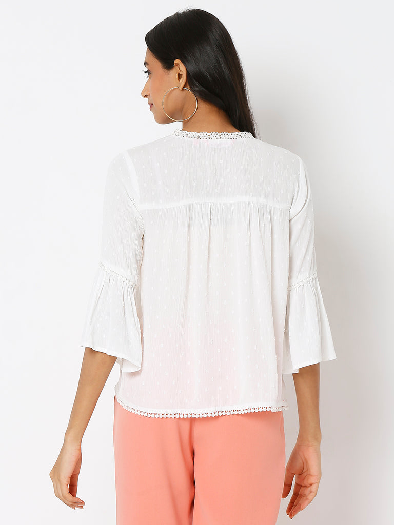 Women's Off White Viscose Crepe Embroidered Top