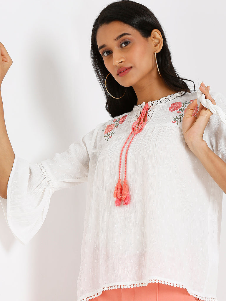 Women's Off White Viscose Crepe Embroidered Top