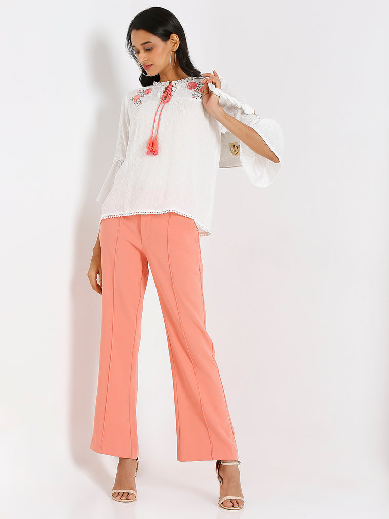 Women's Off White Viscose Crepe Embroidered Top
