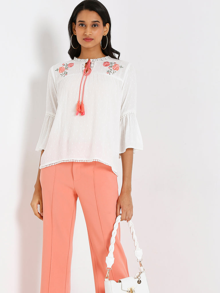 Women's Off White Viscose Crepe Embroidered Top