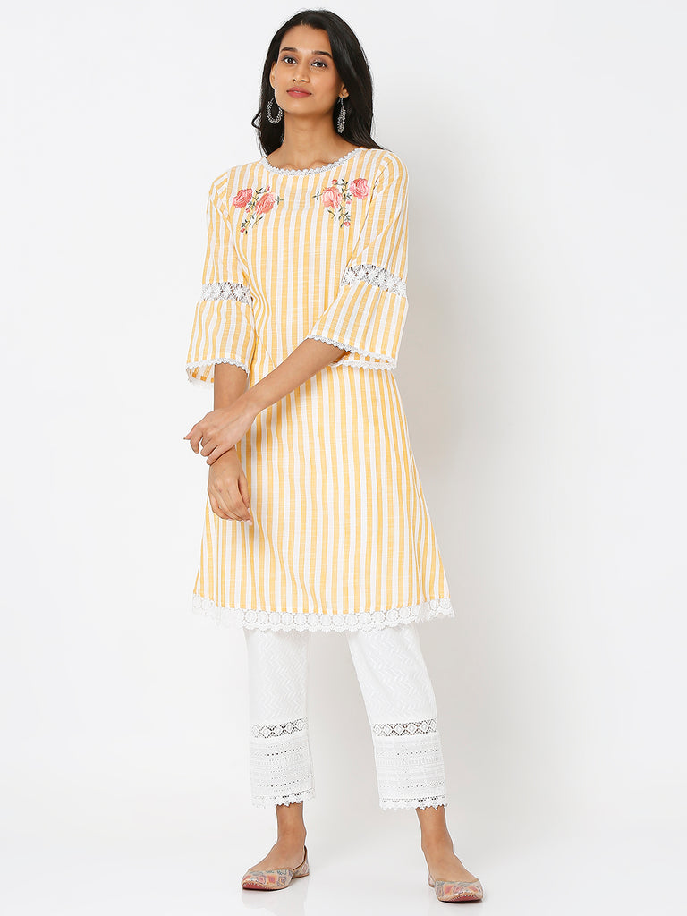 Women's Yellow Yarn Dyed Stripe Embroidered Kurta