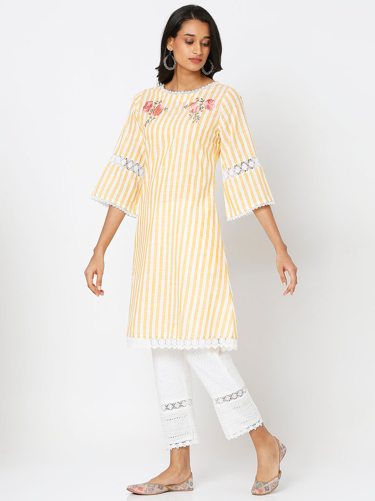 Women's Yellow Yarn Dyed Stripe Embroidered Kurta
