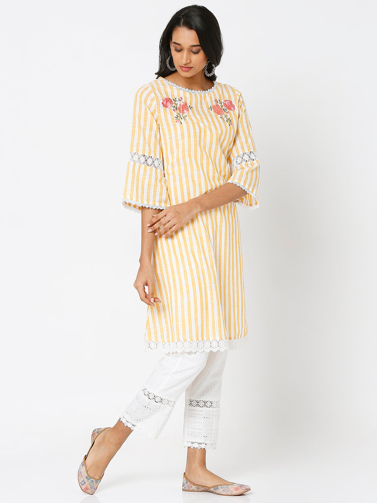 Women's Yellow Yarn Dyed Stripe Embroidered Kurta