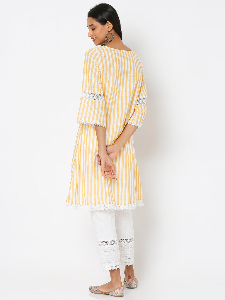 Women's Yellow Yarn Dyed Stripe Embroidered Kurta