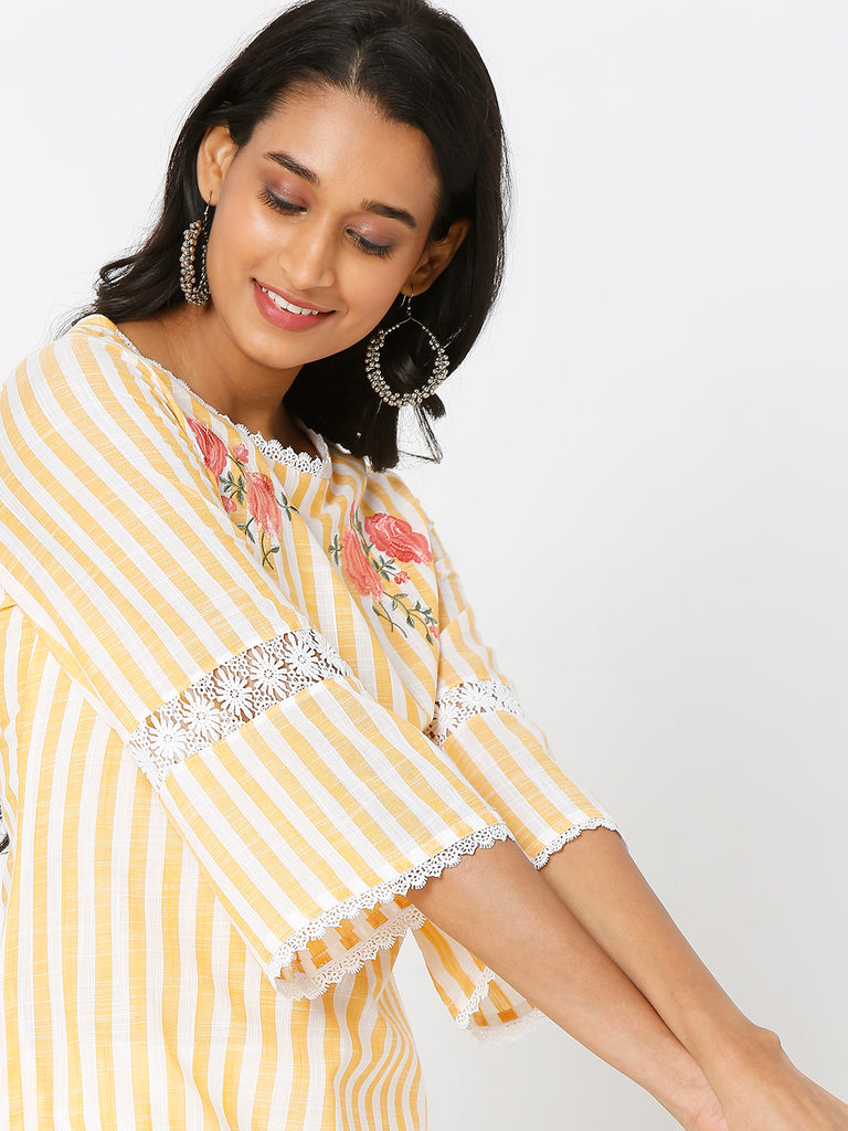 Women's Yellow Yarn Dyed Stripe Embroidered Kurta