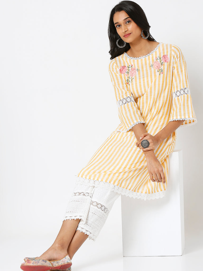 Women's Yellow Yarn Dyed Stripe Embroidered Kurta