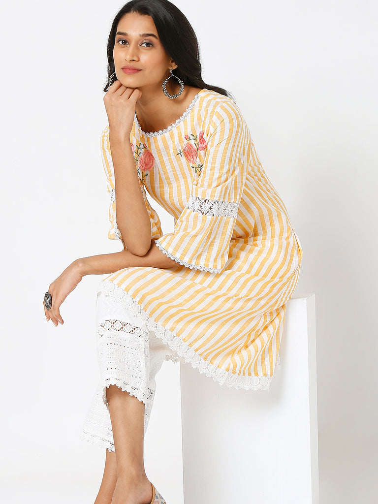 Women's Yellow Yarn Dyed Stripe Embroidered Kurta