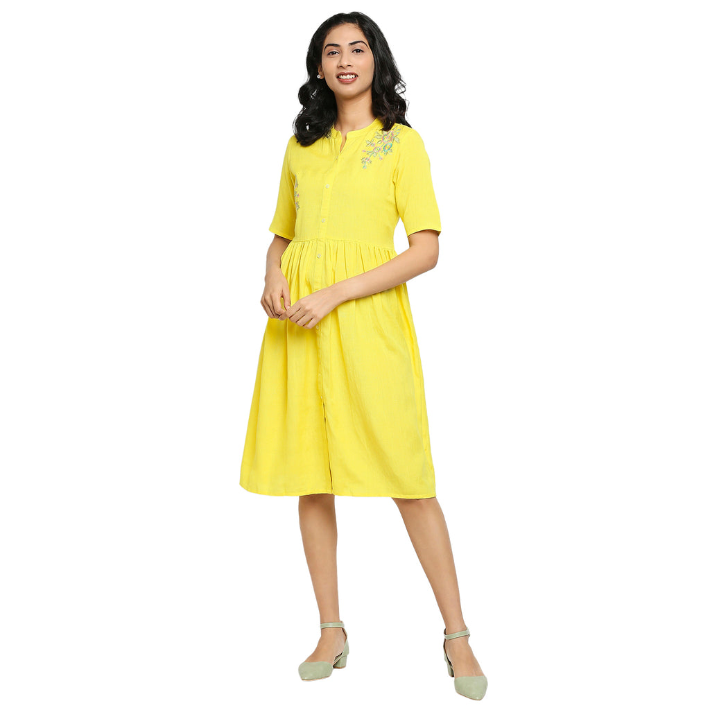 Women's Lemon Yellow Rayon Flax Embroidered Dress