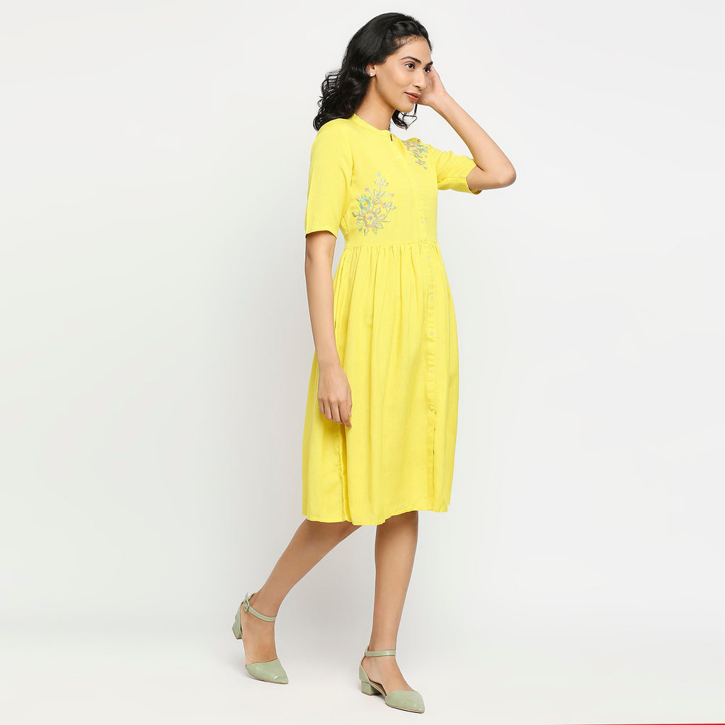 Women's Lemon Yellow Rayon Flax Embroidered Dress
