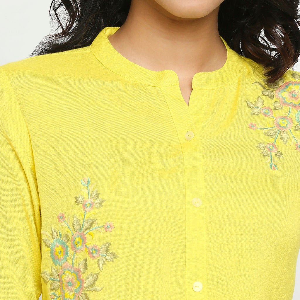 Women's Lemon Yellow Rayon Flax Embroidered Dress