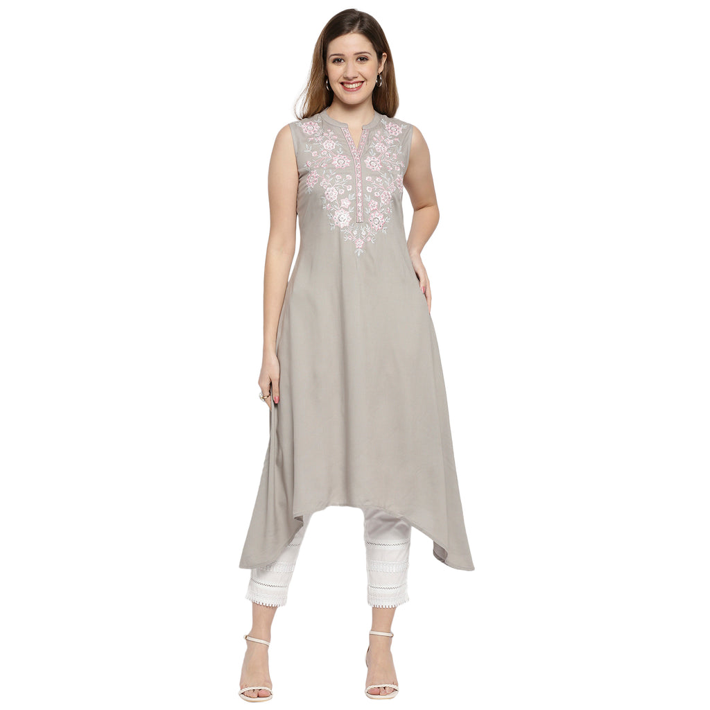 Women's Grey Rayon Embroidered Kurta