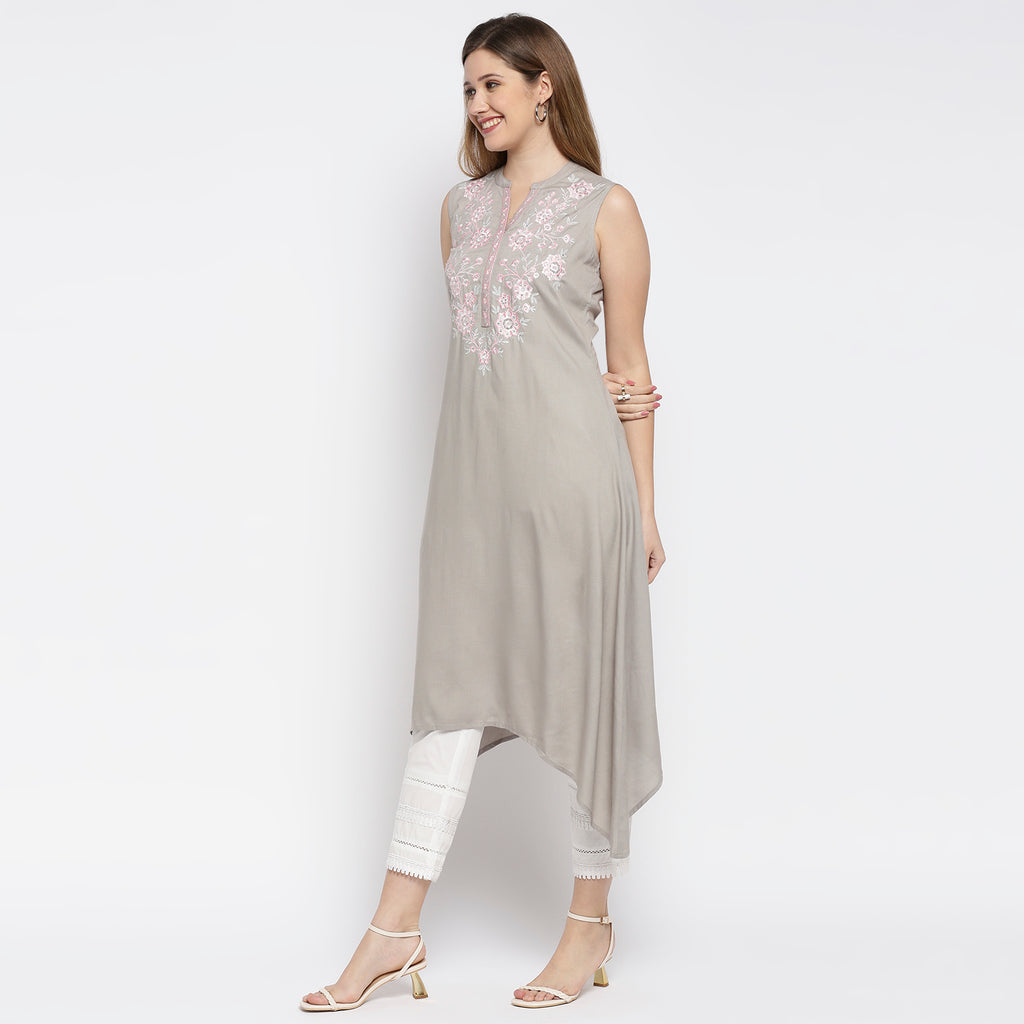Women's Grey Rayon Embroidered Kurta