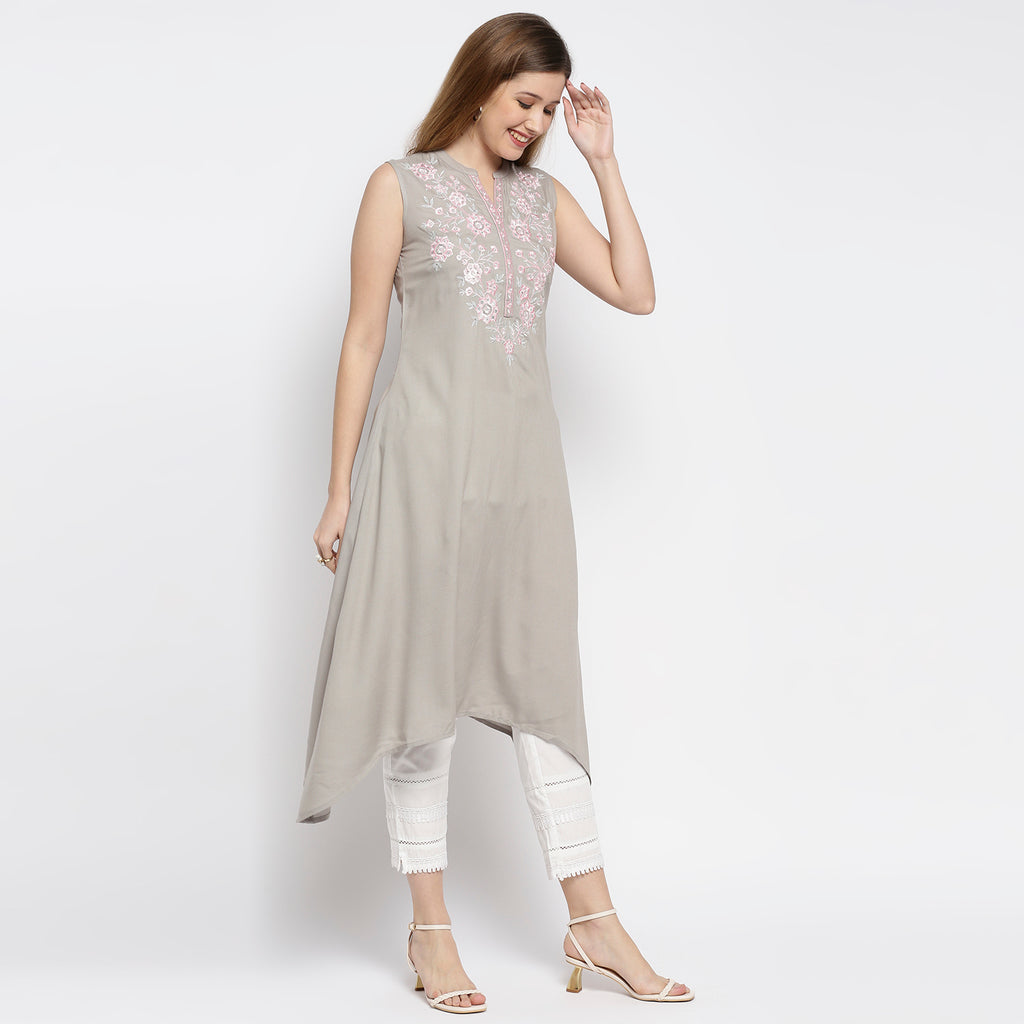Women's Grey Rayon Embroidered Kurta