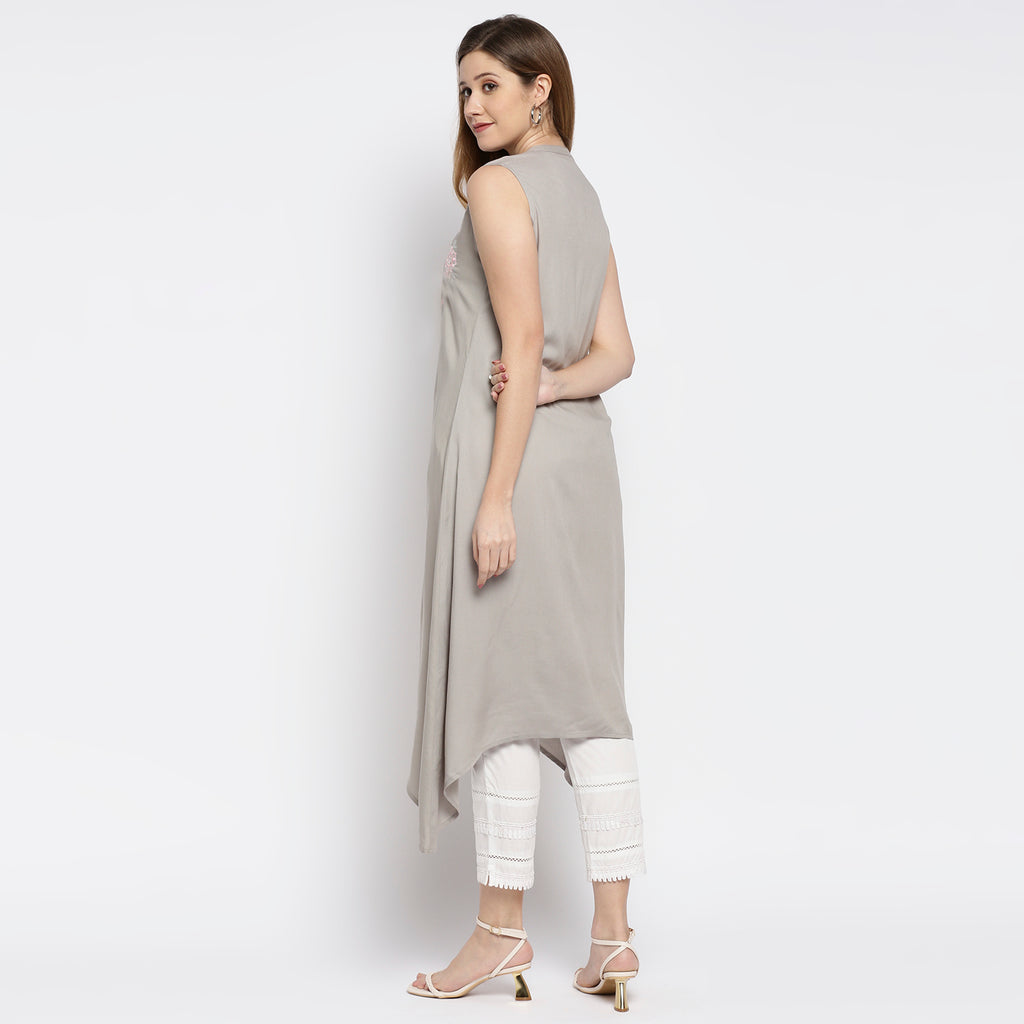 Women's Grey Rayon Embroidered Kurta