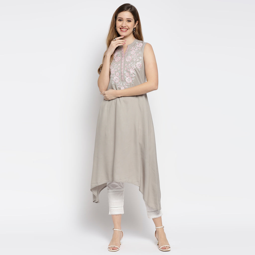 Women's Grey Rayon Embroidered Kurta