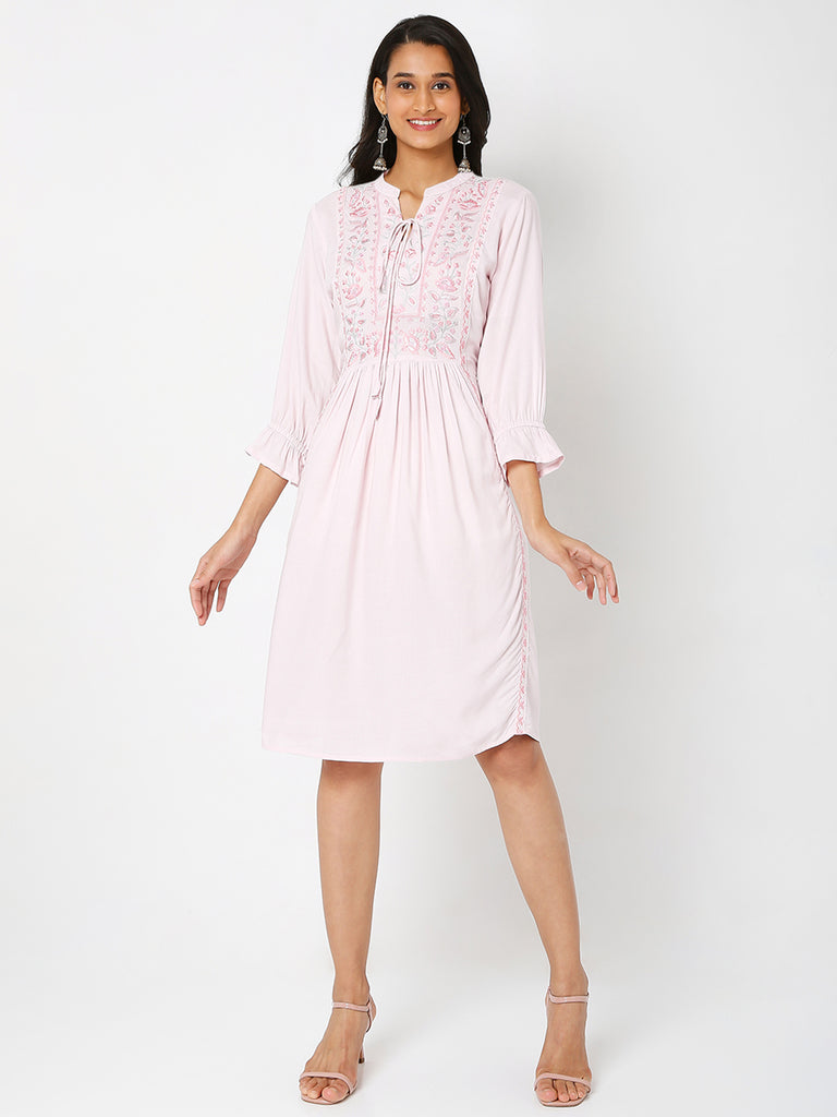 Women's Pink Rayon Embroidered Dress