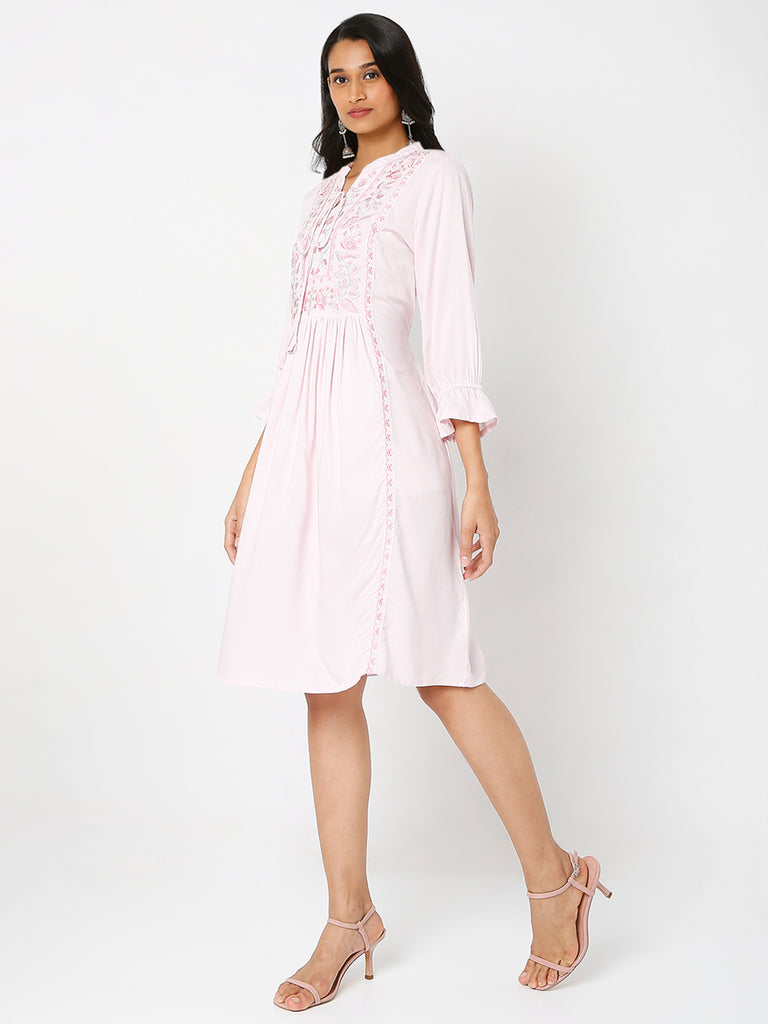 Women's Pink Rayon Embroidered Dress