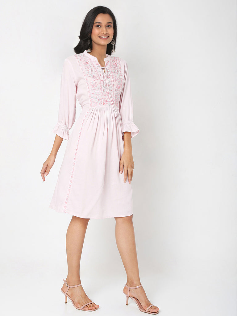 Women's Pink Rayon Embroidered Dress