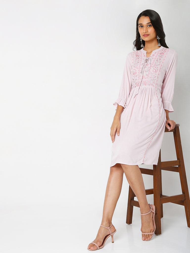 Women's Pink Rayon Embroidered Dress