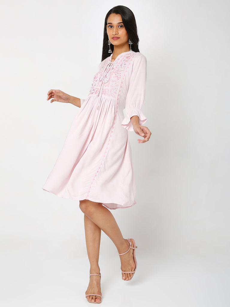 Women's Pink Rayon Embroidered Dress