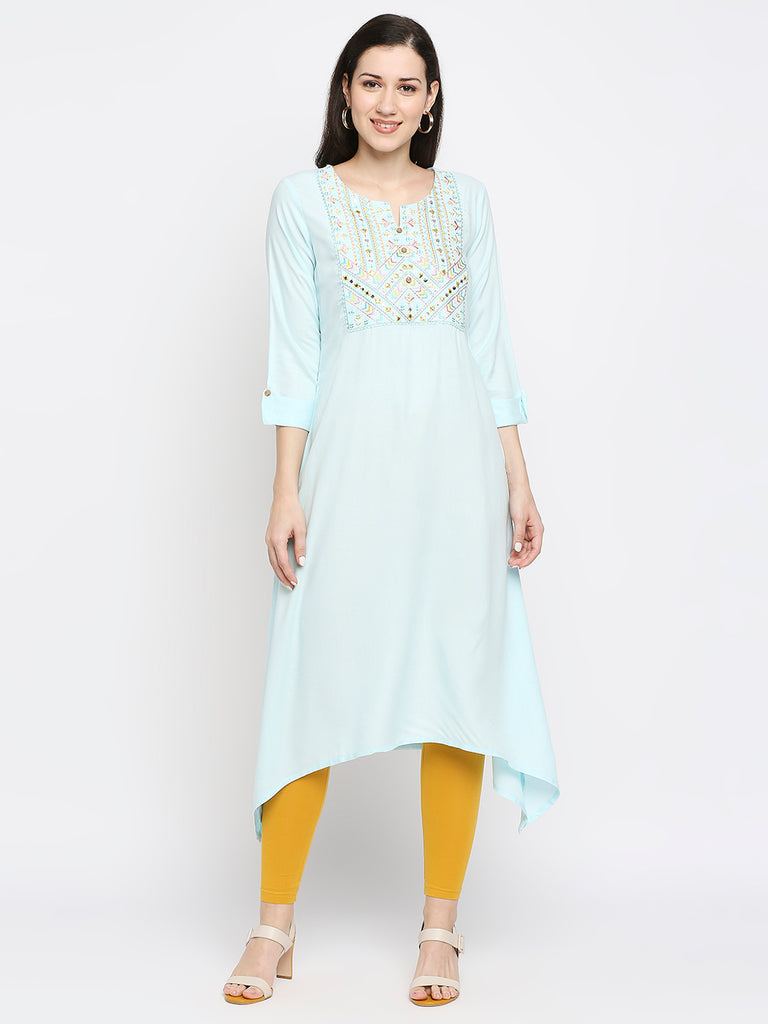 Women's Ice Blue Rayon Embroidered Fusion Topwear
