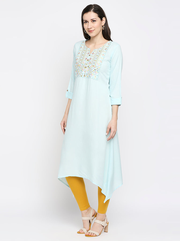 Women's Ice Blue Rayon Embroidered Fusion Topwear