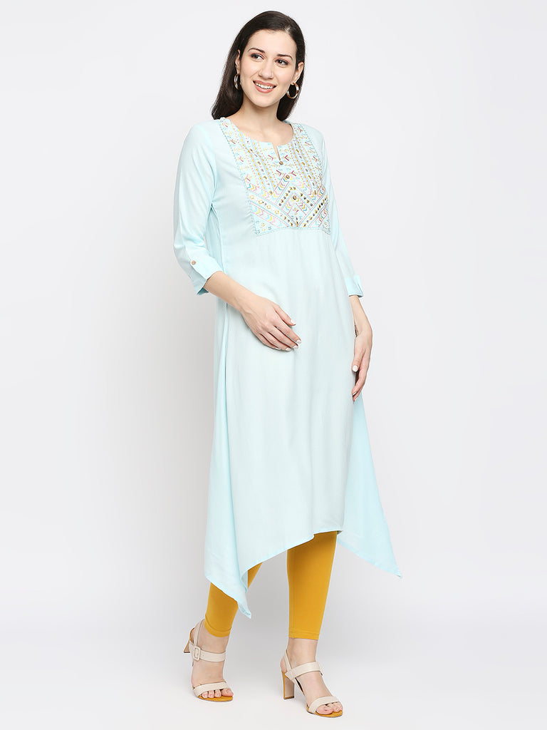 Women's Ice Blue Rayon Embroidered Fusion Topwear