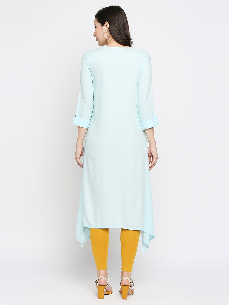 Women's Ice Blue Rayon Embroidered Fusion Topwear