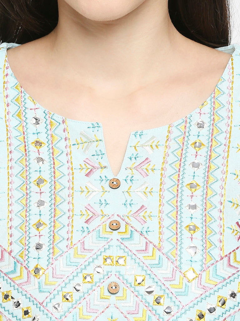 Women's Ice Blue Rayon Embroidered Fusion Topwear