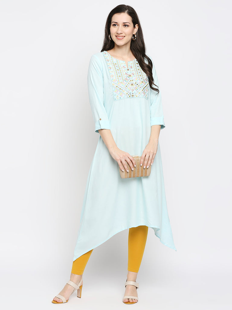 Women's Ice Blue Rayon Embroidered Fusion Topwear