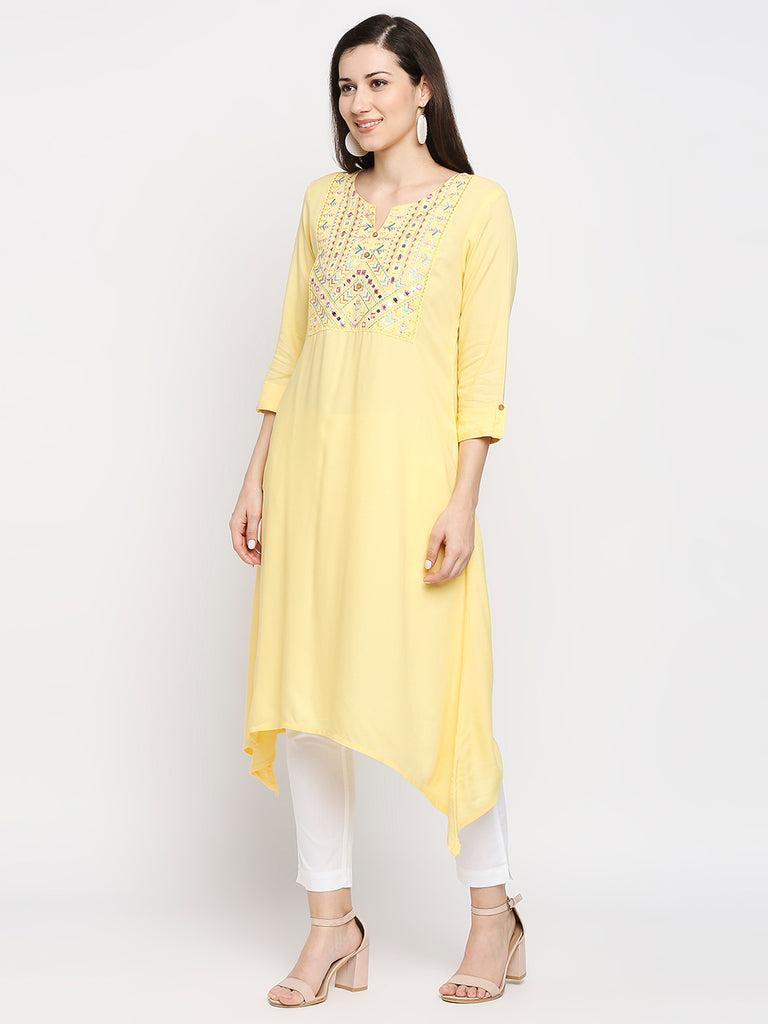 Women's Yellow Rayon Embroidered Fusion Topwear