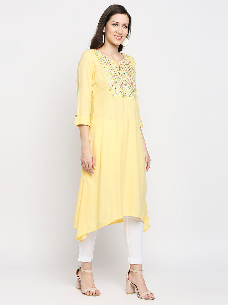 Women's Yellow Rayon Embroidered Fusion Topwear