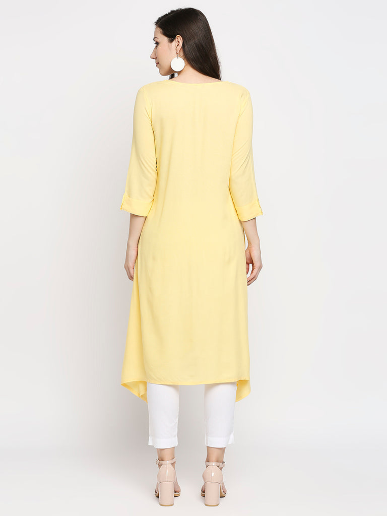Women's Yellow Rayon Embroidered Fusion Topwear