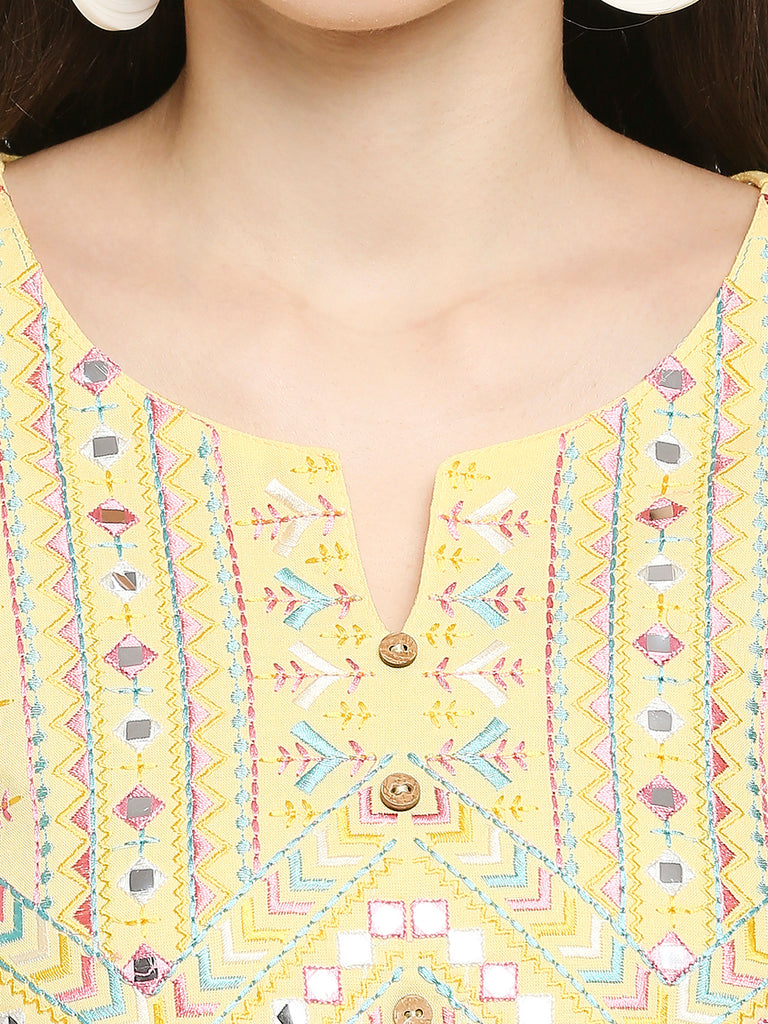 Women's Yellow Rayon Embroidered Fusion Topwear