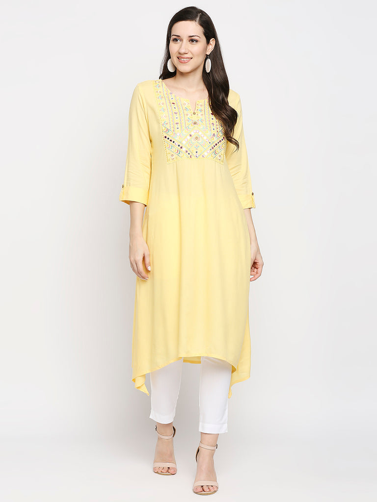 Women's Yellow Rayon Embroidered Fusion Topwear