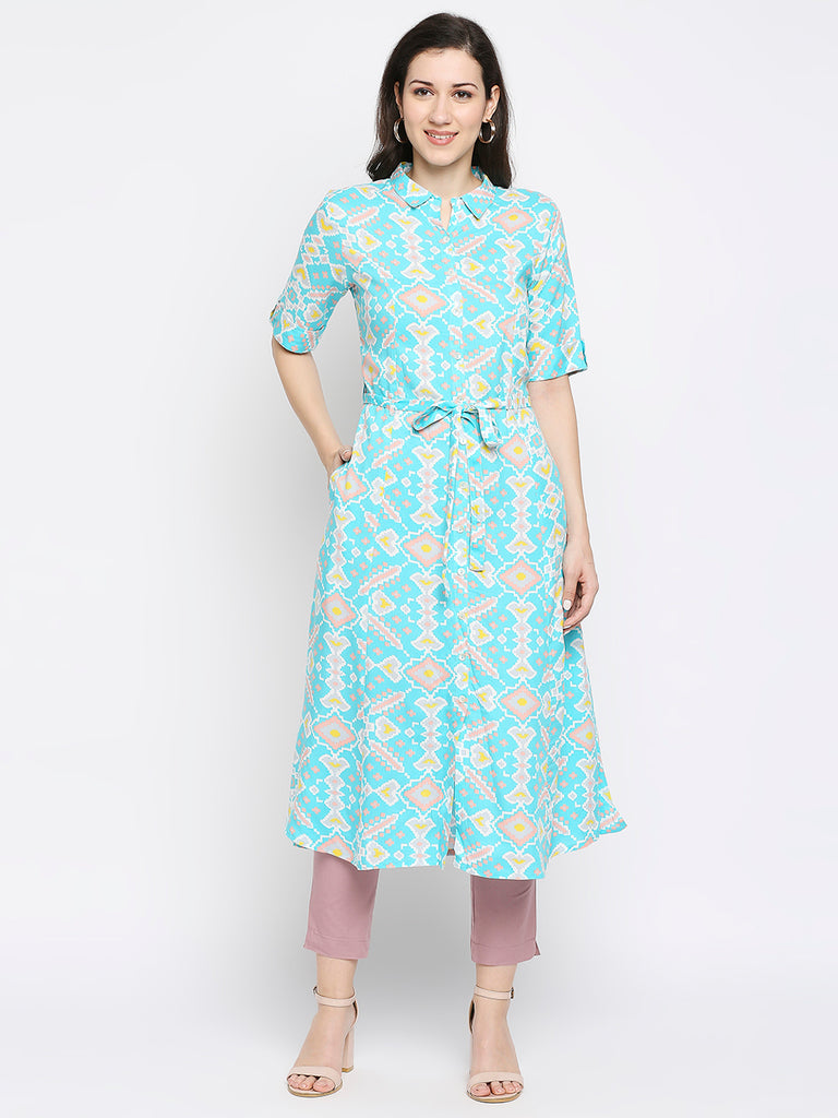 Women's Aqua Rayon Embroidered Fusion Topwear