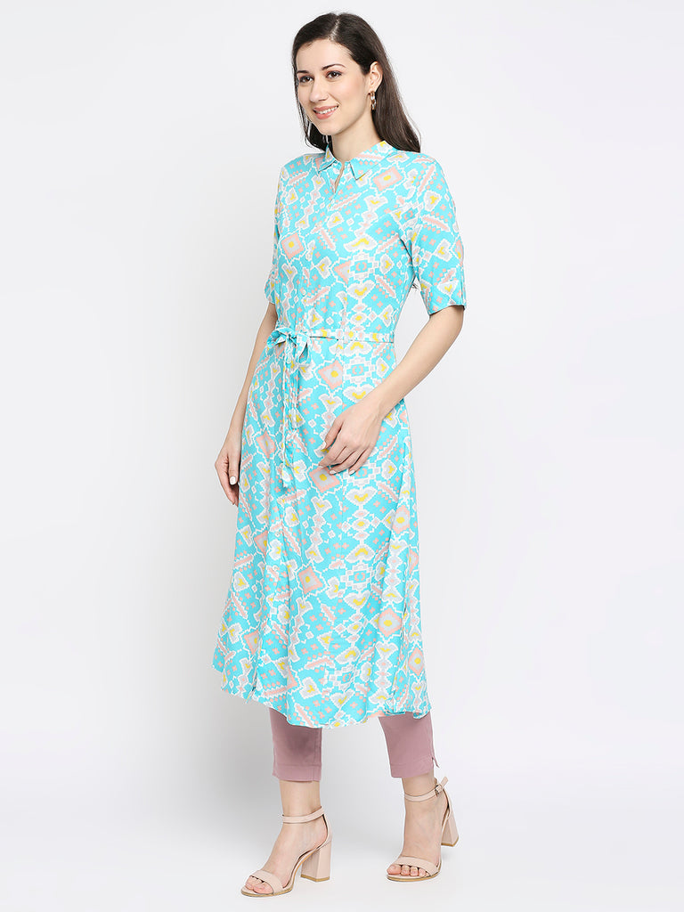 Women's Aqua Rayon Embroidered Fusion Topwear